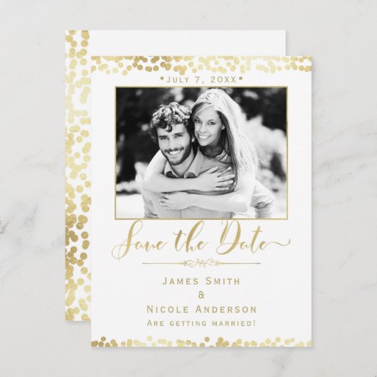 White & Gold Confetti Photo Weddenschap Save the D Aankondigingskaart (Voorkant / Achterkant)