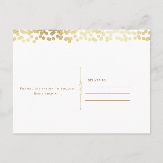 White & Gold Confetti Photo Weddenschap Save the D Aankondigingskaart (Achterkant)