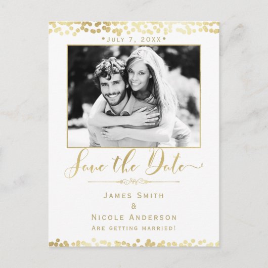 White & Gold Confetti Photo Weddenschap Save the D Aankondigingskaart (Voorkant)