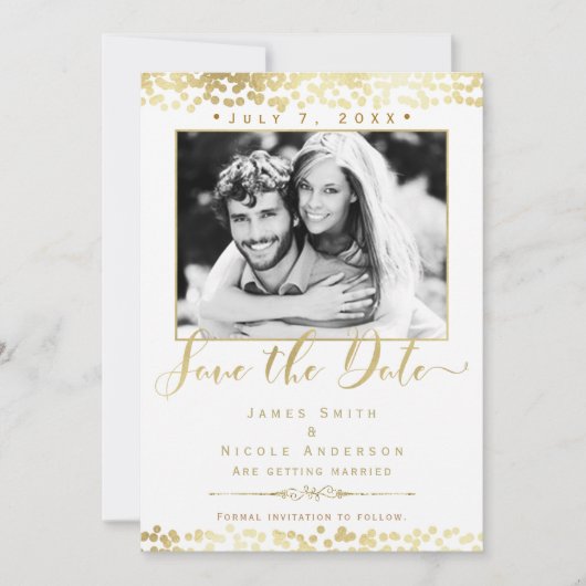 White & Gold Confetti Photo Weddenschap Save the D Kaart (Voorkant)