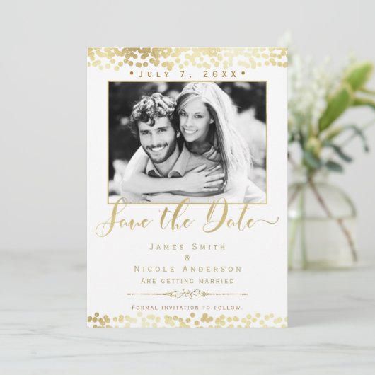 White & Gold Confetti Photo Weddenschap Save the D Kaart (Staand voorkant)
