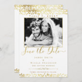 White & Gold Confetti Photo Weddenschap Save the D Kaart (Voorkant / Achterkant)