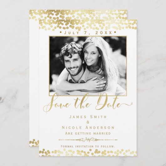 White & Gold Confetti Photo Weddenschap Save the D Kaart (Voorkant / Achterkant)
