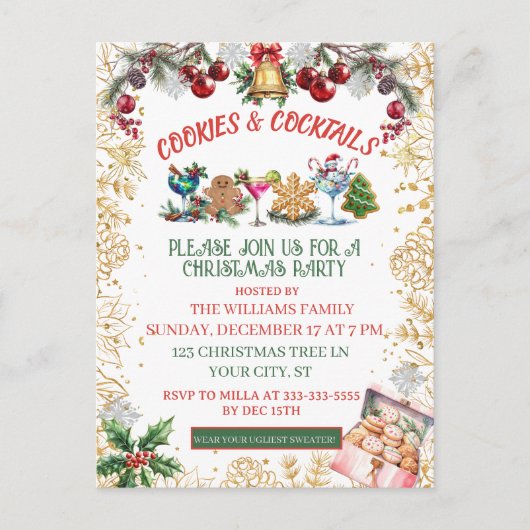 White & Gold Cookies & cocktails Holiday  Briefkaart (Voorkant)