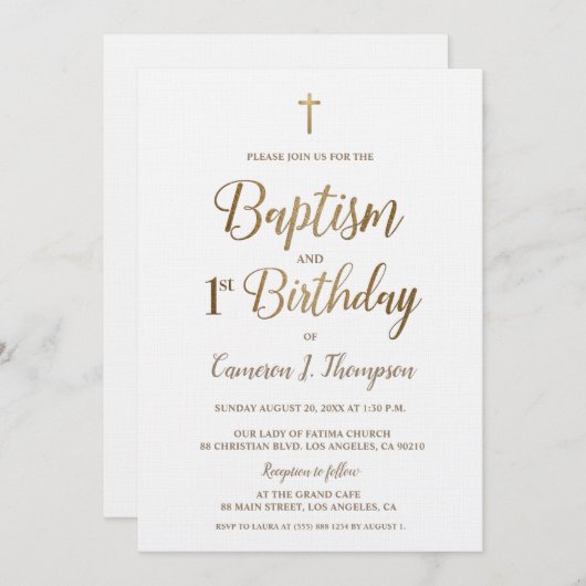 White Gold Cross Baptisme 1e verjaardag Uitnodigin Kaart (Voorkant / Achterkant)