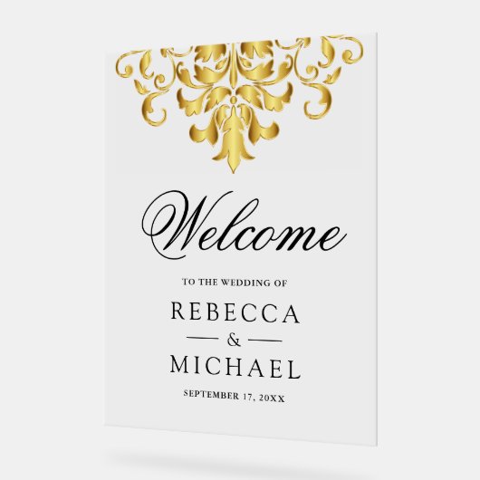 White Gold Damask Wedding Welcome Acryl Bord (Hoek)