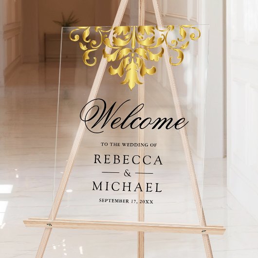 White Gold Damask Wedding Welcome Acryl Bord