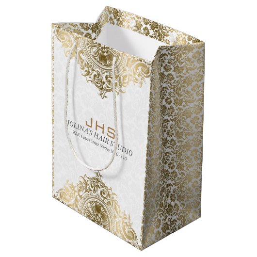 White & Gold Damaskers en  Ornament Medium Cadeauzakje (Achterkant Gekanteld)