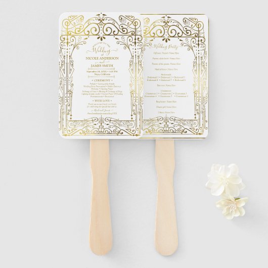 White Gold Deco Chic Glam Wedding Program Handje F Handwaaier (Voorkant en achterkant)