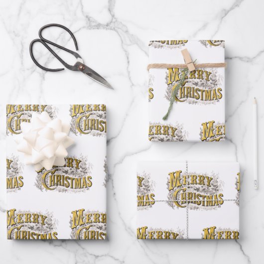 White Gold Elegant Merry Kerstmis Rustic  Inpakpapier Vel (Voorkant)