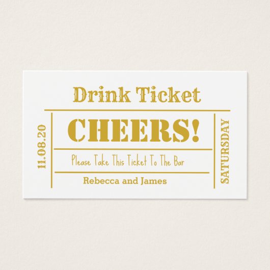 White & Gold Elegant Wedding Free Drink Ticket Visitekaartje (Voorkant)