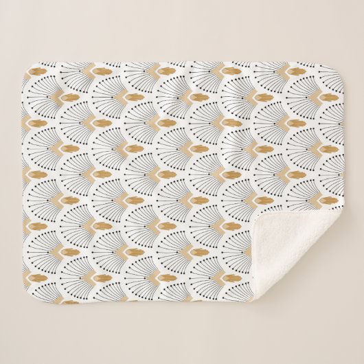 White, Gold en Black Art Deco Fan Flower Motif Sherpa Deken (Voorkant (horizontaal))