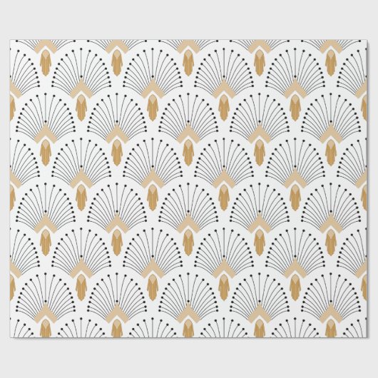 White, Gold en Black Art Deco Fan Flowers Motif Cadeaupapier (Vlak)