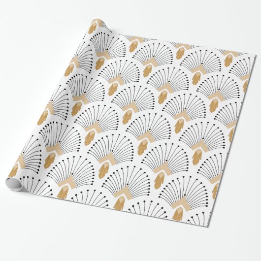White, Gold en Black Art Deco Fan Flowers Motif Cadeaupapier (Uitgerold)