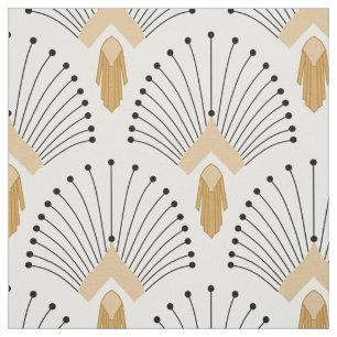 White, Gold en Black Art Deco Fan Flowers Motif Stof
