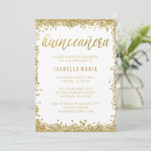 White Gold Faux Glitter Quinceanera 15th Birthday Kaart (Staand voorkant)