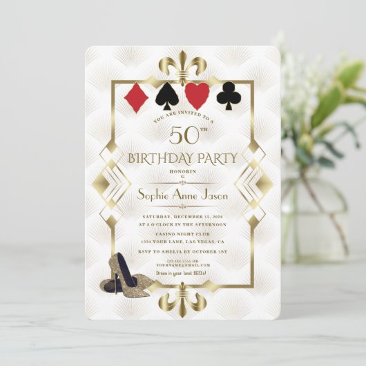 White Gold Fleur-de-Lis Casino Vegas Poker Birthda Kaart (Staand voorkant)