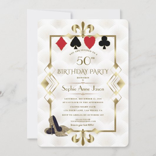 White Gold Fleur-de-Lis Casino Vegas Poker Birthda Kaart (Voorkant)