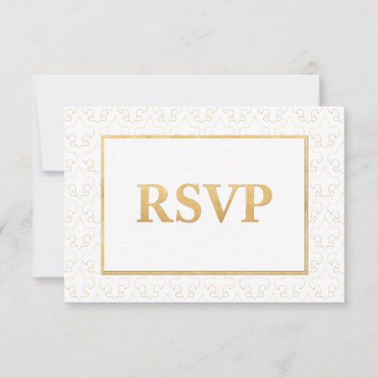 White & Gold Fleur De Lis Wedding RSVP-kaart RSVP Kaartje (Voorkant)