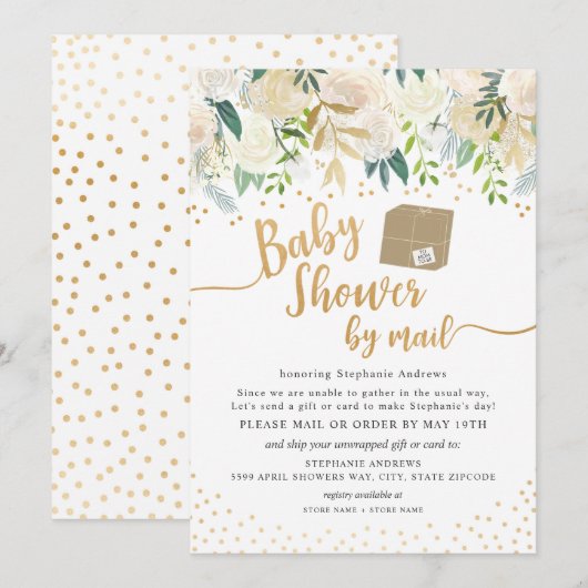 White Gold Floral Baby shower per post Kaart (Voorkant / Achterkant)