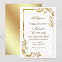 White Gold Floral Border Islamic Mehndi Ceremony Kaart