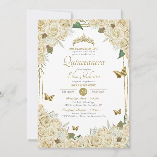 White Gold Floral Butterfly Cream Roos Quinceanera Kaart (Voorkant)
