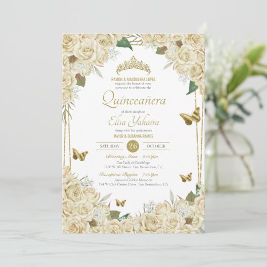 White Gold Floral Butterfly Cream Roos Quinceanera Kaart (Staand voorkant)