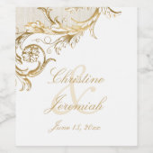  White Gold Floral Damask Script Weduwschap Wijn Etiket (Enkel label)