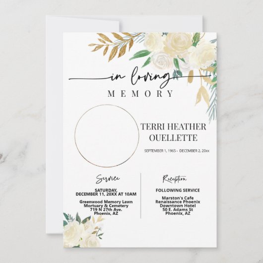 White Gold Floral Funeral Memorial Service Kaart (Voorkant)