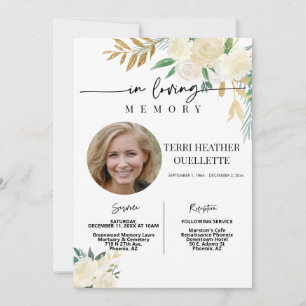White Gold Floral Funeral Memorial Service Kaart