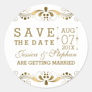 White & Gold Floral Lace Save the Date Ronde Sticker