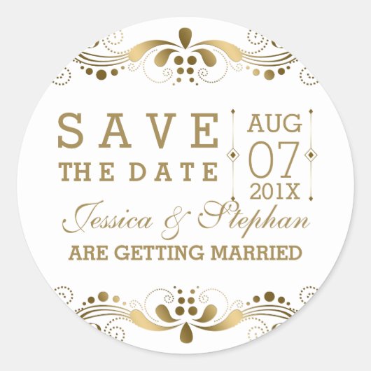 White & Gold Floral Lace Save the Date Ronde Sticker (Voorkant)