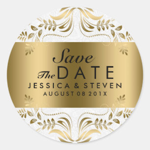 White & Gold Floral Lace Save the Date Ronde Sticker