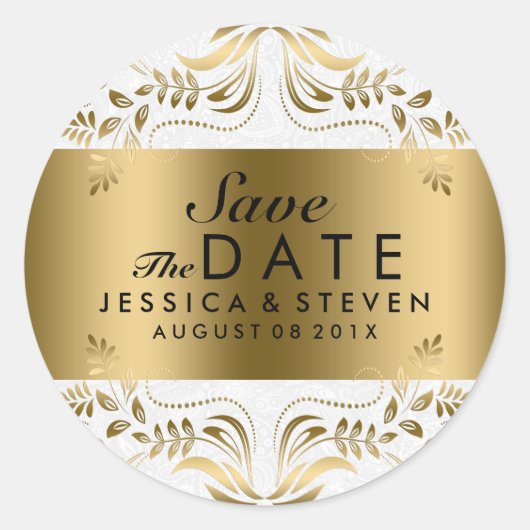 White & Gold Floral Lace Save the Date Ronde Sticker (Voorkant)