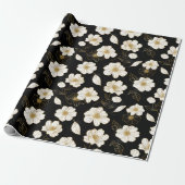 White Gold Floral op zwart Cadeaupapier (Uitgerold)