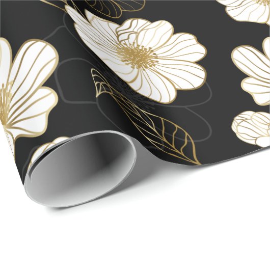 White Gold Floral op zwart Cadeaupapier (Rol Hoek)