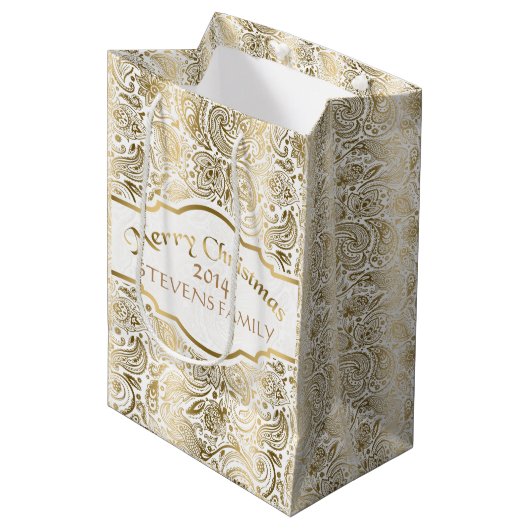 White & Gold Floral Paisley Lace-kerstontwerp Medium Cadeauzakje (Voorkant Gekanteld)