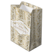 White & Gold Floral Paisley Lace-kerstontwerp Medium Cadeauzakje (Achterkant Gekanteld)