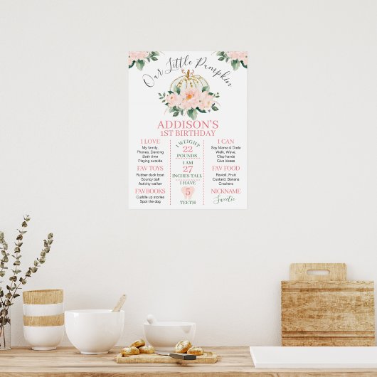 White Gold Floral Pumpkin 1st Birthday Milestone Poster (Keuken)