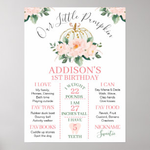 White Gold Floral Pumpkin 1st Birthday Milestone Poster