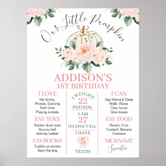 White Gold Floral Pumpkin 1st Birthday Milestone Poster (Voorkant)