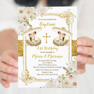 White & Gold Floral Twin Girl Baptism and Birthday Kaart