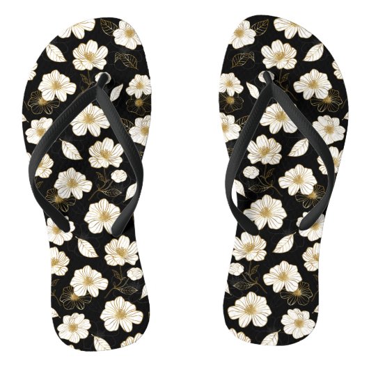 White Gold Flowers Black Teenslippers (Voetbed)