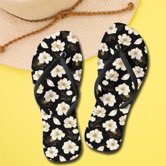 White Gold Flowers Black Teenslippers