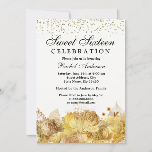White & Gold Flowers Glitter Sweet 16 Invite Kaart (Voorkant)