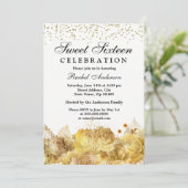 White & Gold Flowers Glitter Sweet 16 Invite Kaart (Staand voorkant)