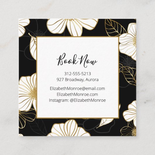 White Gold Flowers op Black Salon Hair Stylist Vierkante Visitekaartje (Achterkant)