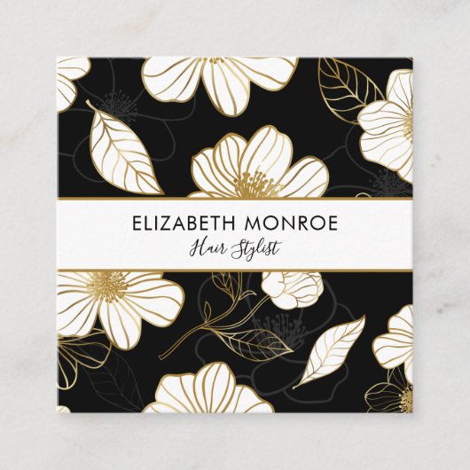White Gold Flowers op Black Salon Hair Stylist Vierkante Visitekaartje (Voorkant)