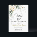 White Gold Flowers Virtual 18th Birthday Party Kaart<br><div class="desc">IEDERE LEEFTIJD! Uniek en elegant ontwerp met een delicaat goudvormig omlijnde bloemen en roze waterverf,  bloemen; op de rugroze goudbloem en initialen. Het gebruik personaliseert hulpmiddel om uw info toe te voegen. Bezoek alsjeblieft mijn White Gold Floral Collectie.</div>