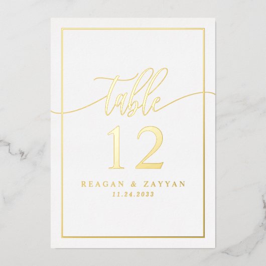 White & Gold Foil Calligrafie Photo Table Number Folie Uitnodiging (Voorkant)
